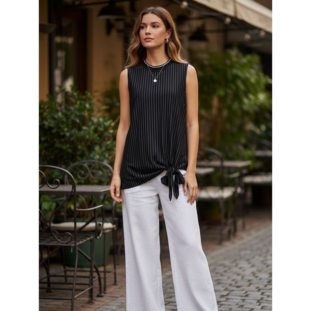 Elie Tahari Sleeveless Pinstripe Mock Neck Tie Front Top - Size XS Black/White